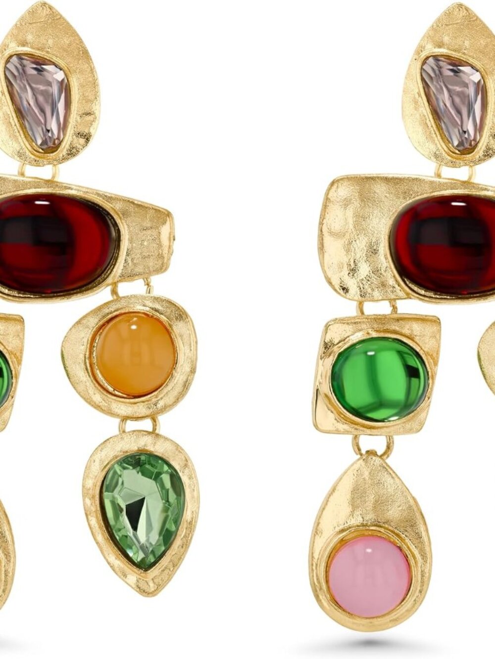 Gold Multicolor Gemstone Dangle Earrings Chunky Boho NWT